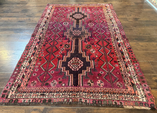 Persian Tribal Shiraz Rug 5x8, Geometric, Raspberry Red and Charcoal, Antique Persian Carpet - Nuvé