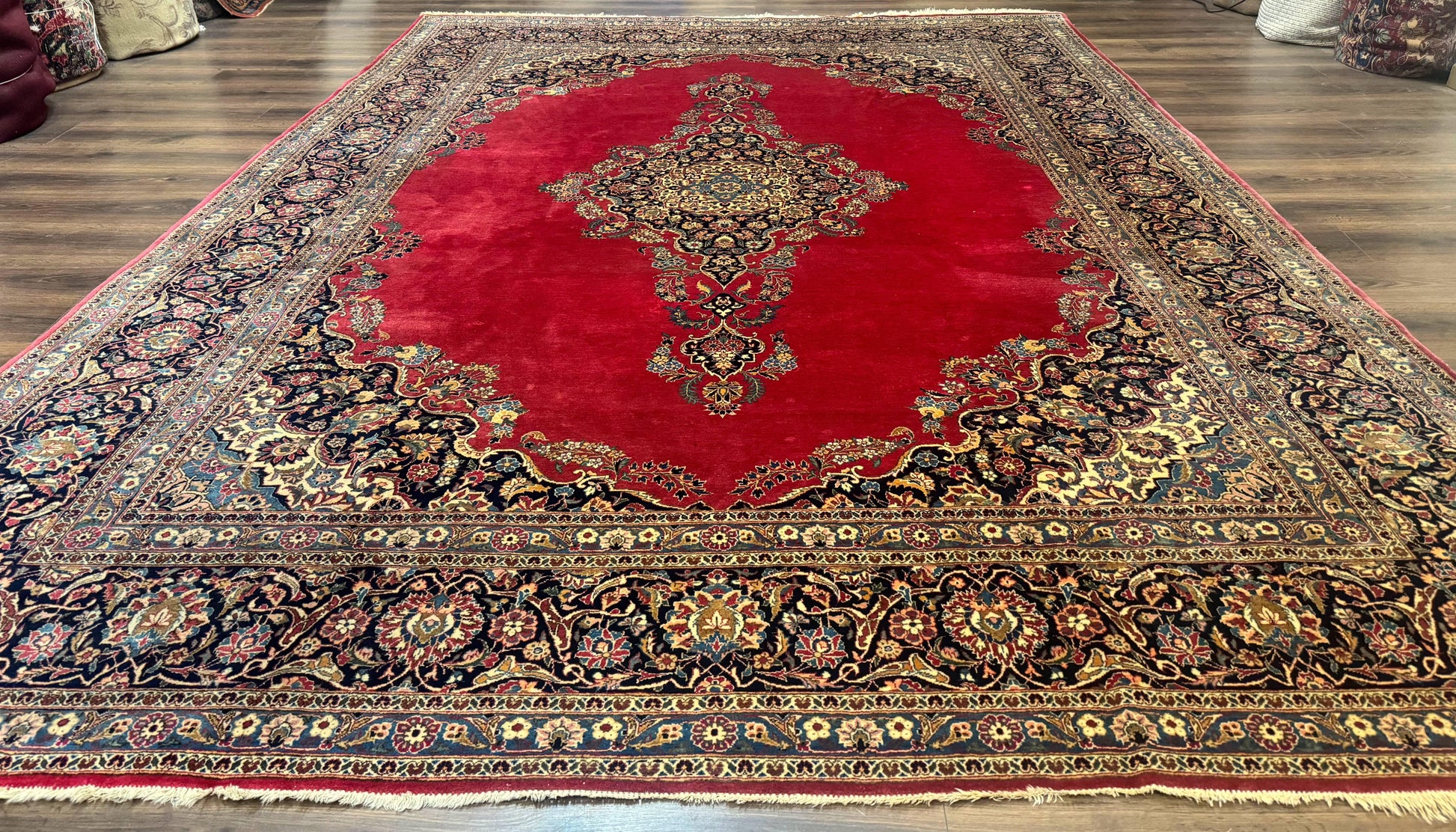 Persian Kashan Rug 9x12, Traditional, Semi Open Field, Red, Signed By Master Weaver, Antique Rug - Nuvé