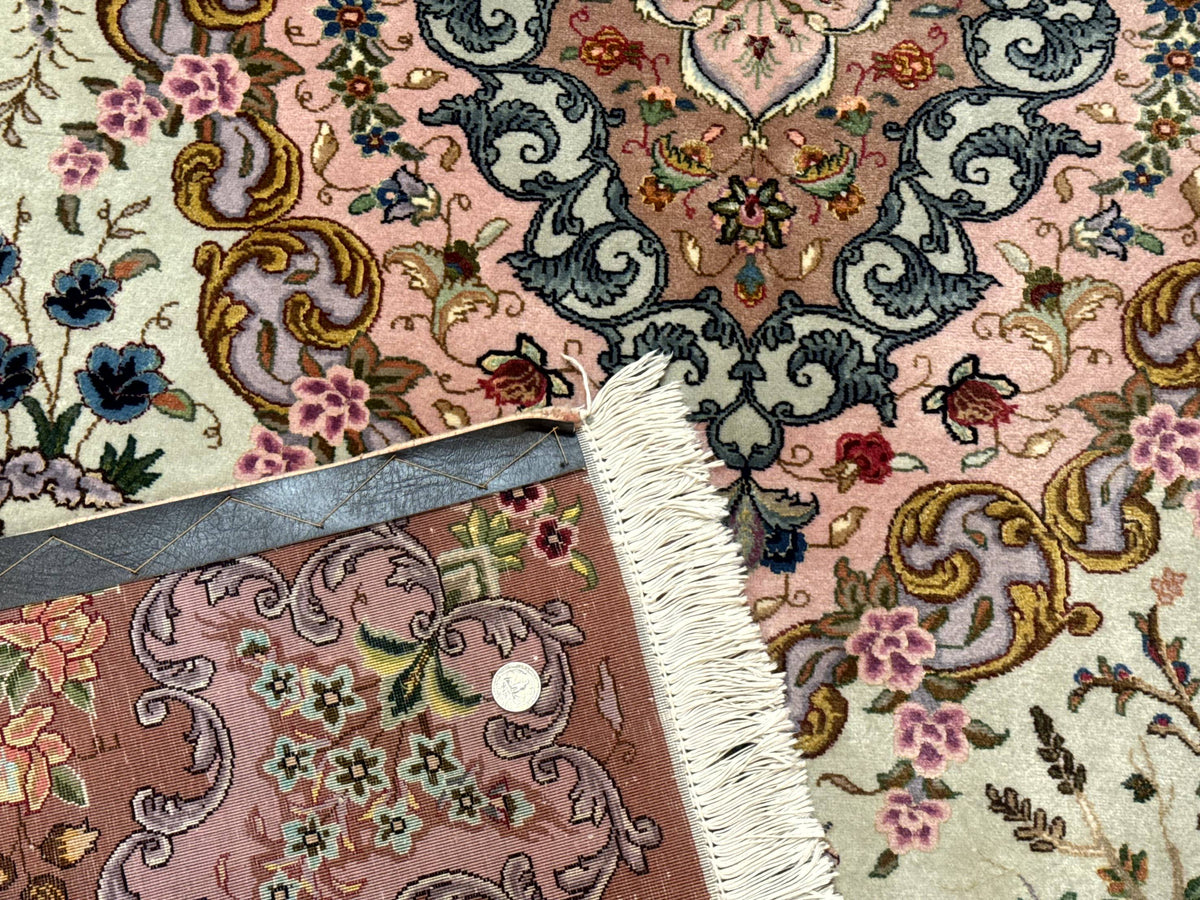 Wonderful Persian Tabriz Rug 7x10, Very Fine 330 KPSI, Light Green Light Blue Pink, Kork Wool Silk Foundation, Bird Pictorials