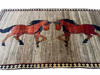4 X 7 Handmade Hand-Knotted Quality Wool Rug Pictorial Horses Veggie Dyes Tribal - Nuvé