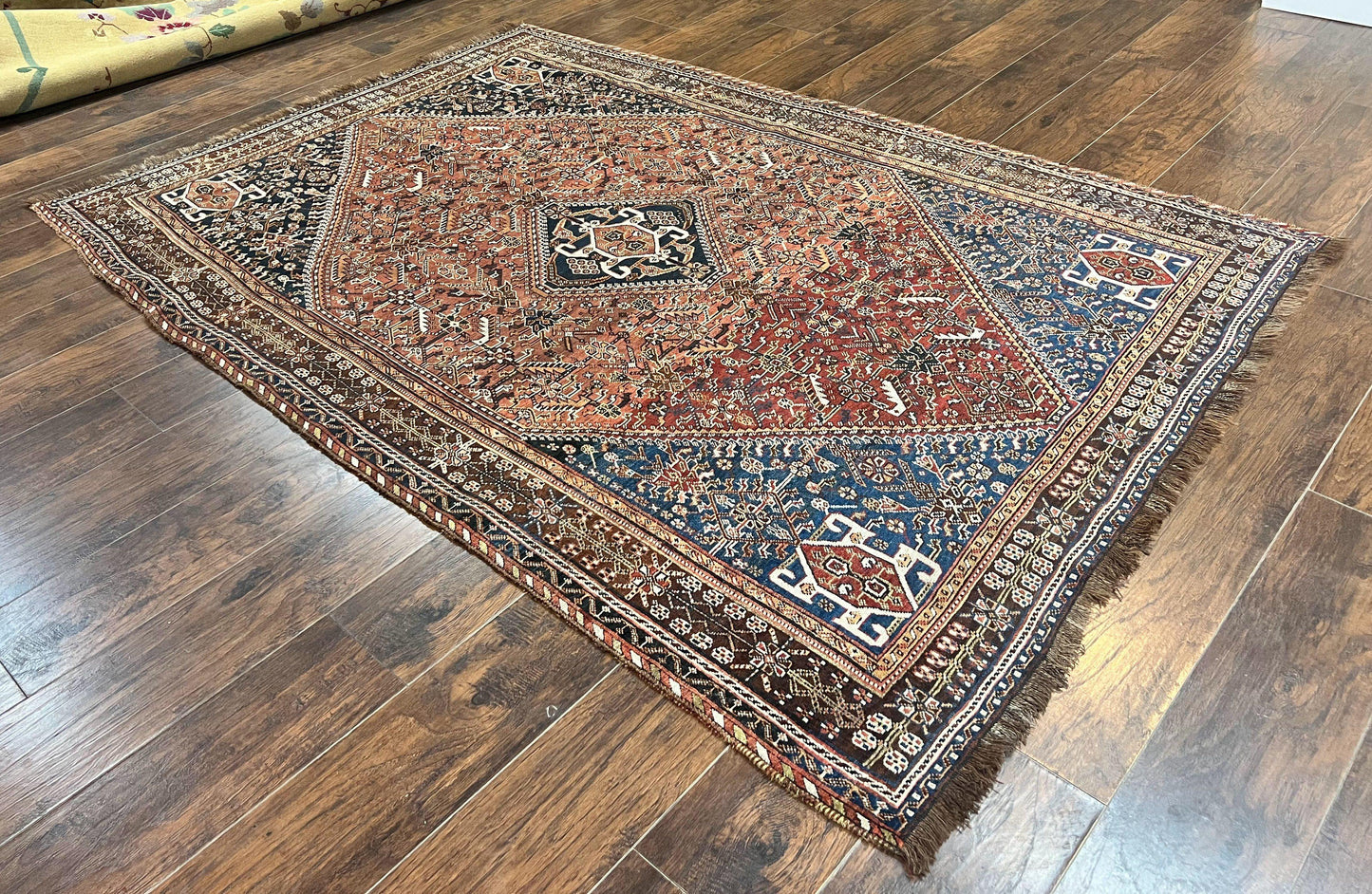 Antique Persian Shiraz Tribal Rug 6x8, Geometric Rug, Wool Handmade Hand Knotted Carpet, Red Blue - Nuvé