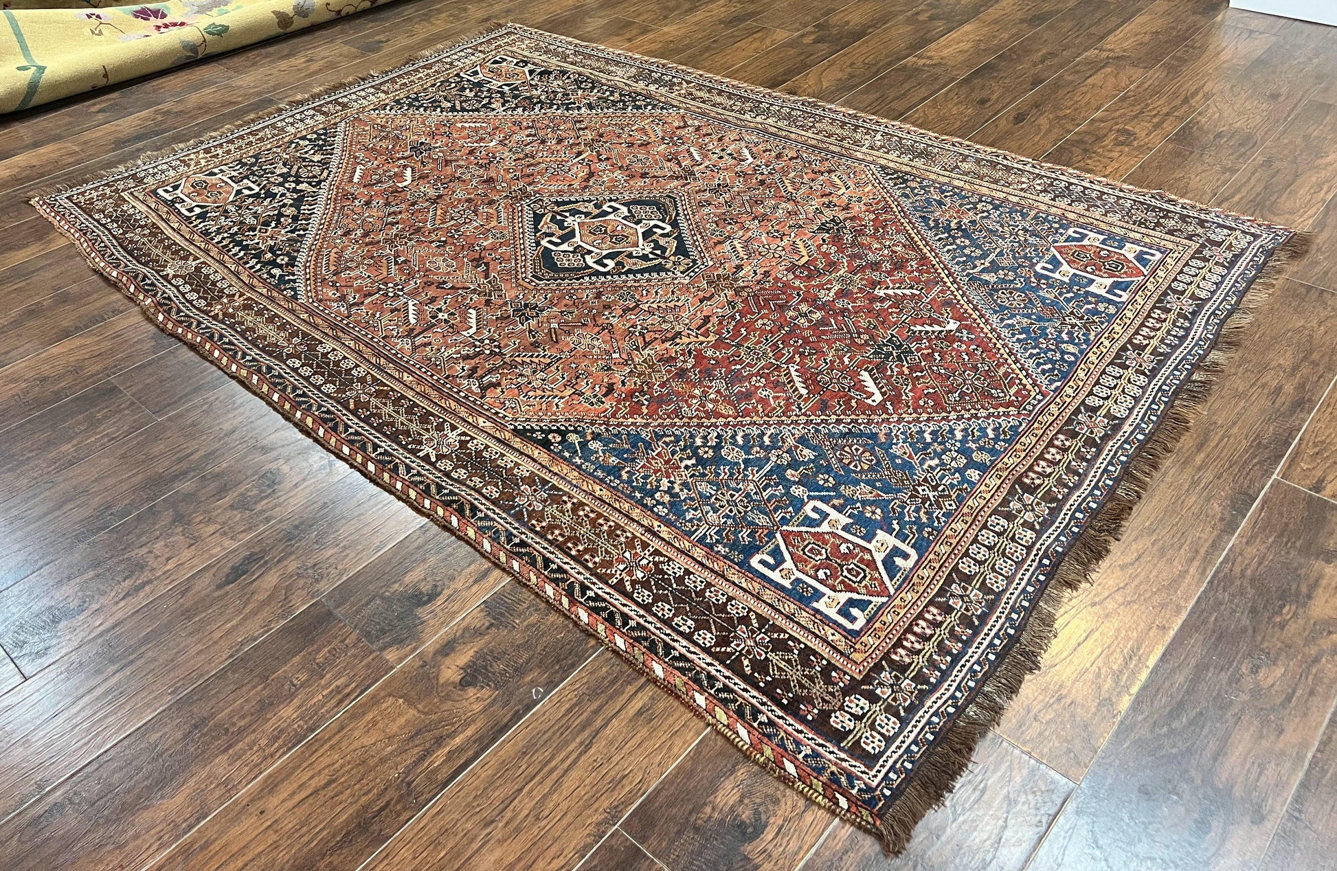 Antique Persian Shiraz Tribal Rug 6x8, Geometric Rug, Wool Handmade Hand Knotted Carpet, Red Blue - Nuvé