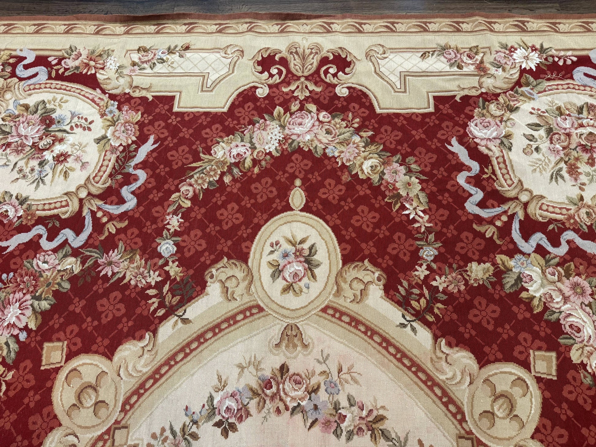 Aubusson Rug 8x11, Needlepoint Carpet, Red Ivory Beige, Vintage, French European Design - Nuvé