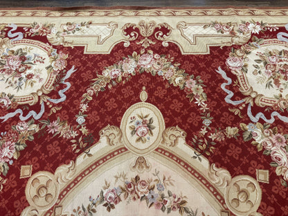 Aubusson Rug 8x11, Needlepoint Carpet, Red Ivory Beige, Vintage, French European Design - Nuvé