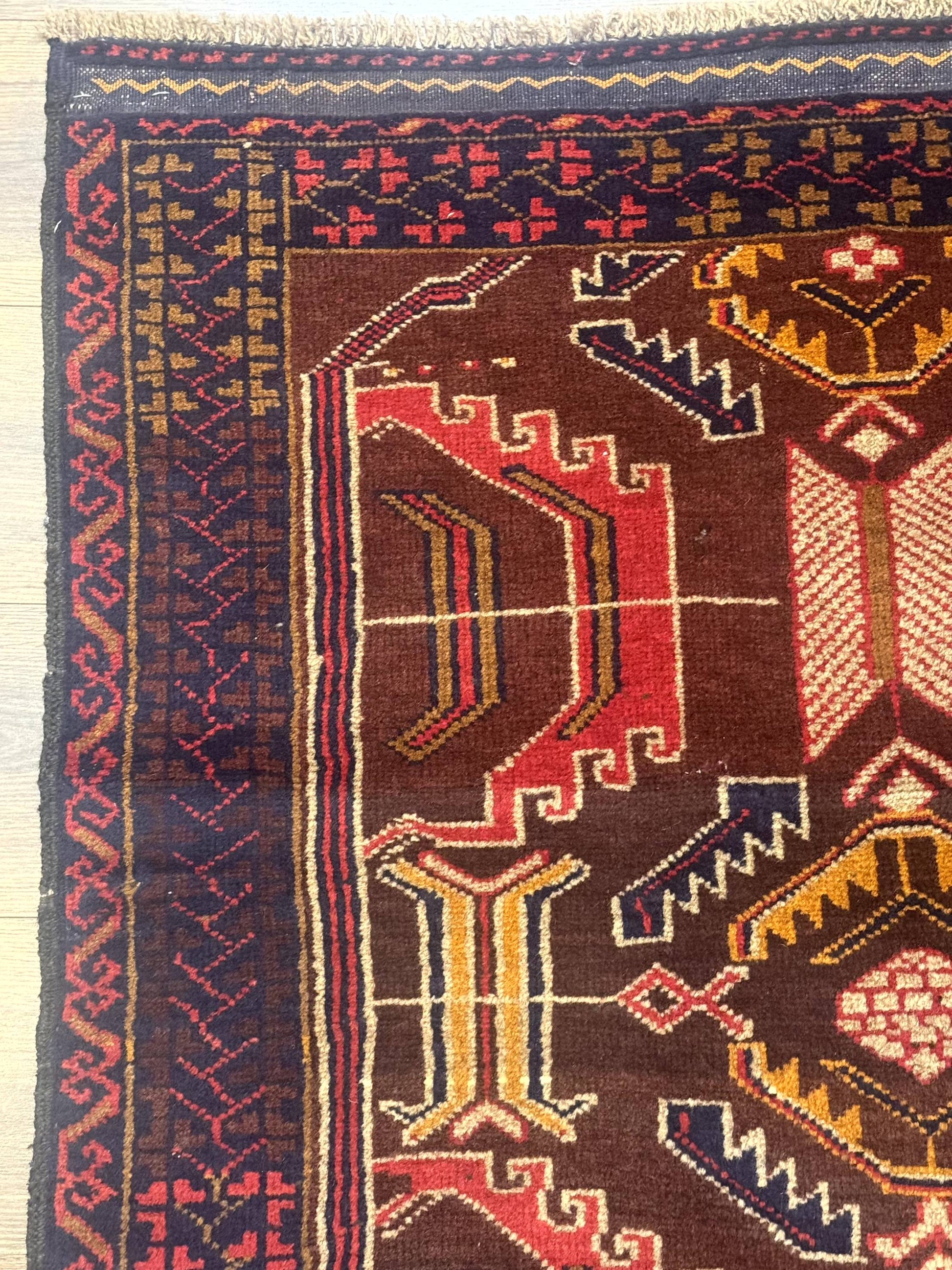 Afghan Rug 3x7, Maroon and Navy Blue, Balouch Carpet, Tribal Rug, New - Nuvé
