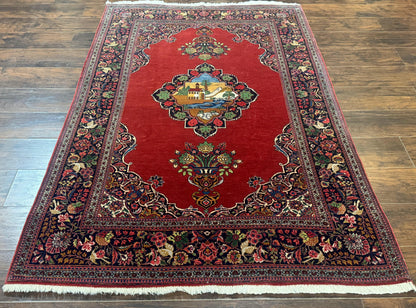 Red Persian Kashan Rug 4x6, Very Fine 260 KPSI, Red and Navy Blue Persian Carpet, Semi Open Field - Nuvé