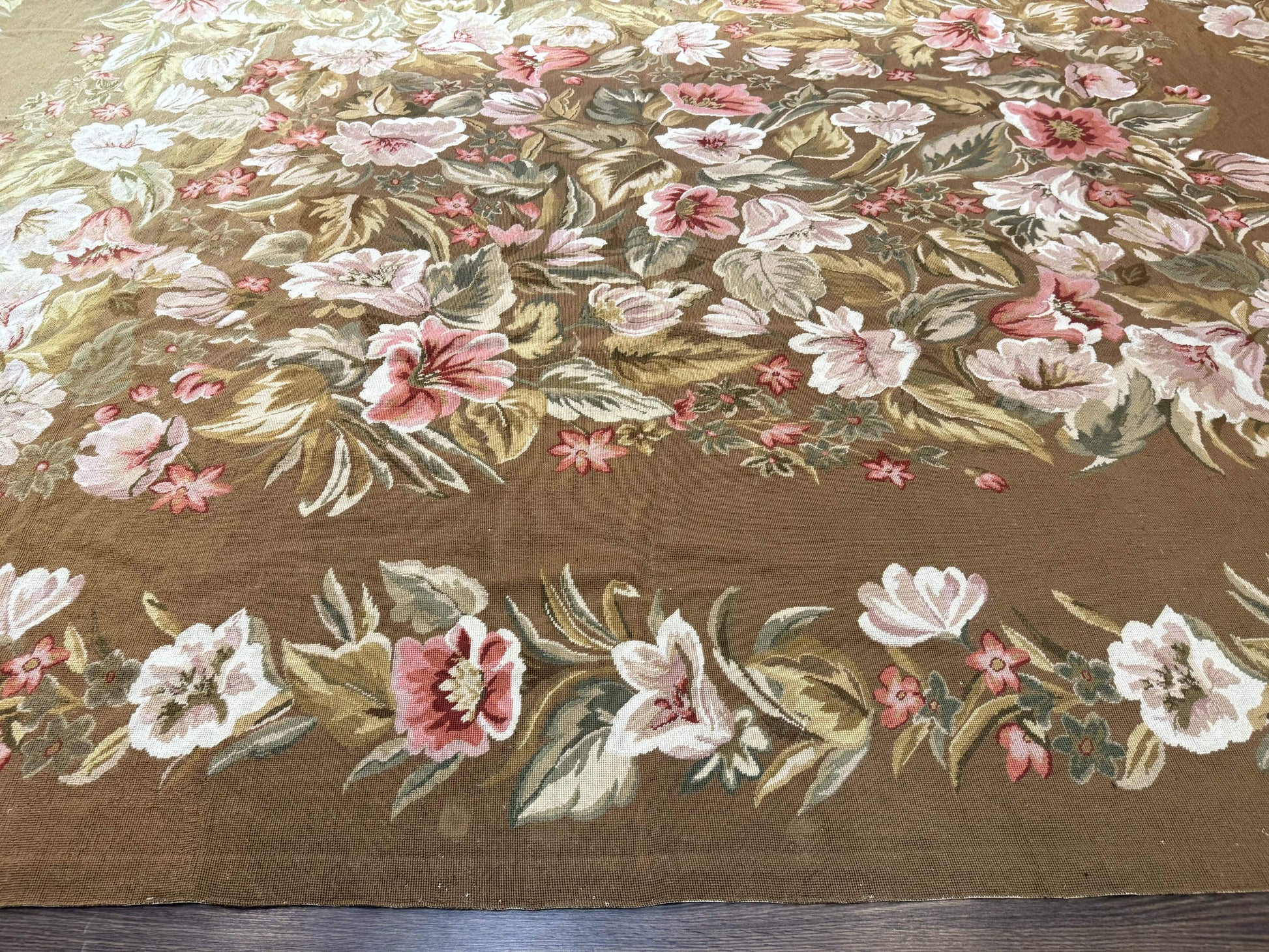 Large Needlepoint Rug 11x14, Vintage Floral Wool Carpet, Caramel - Nuvé