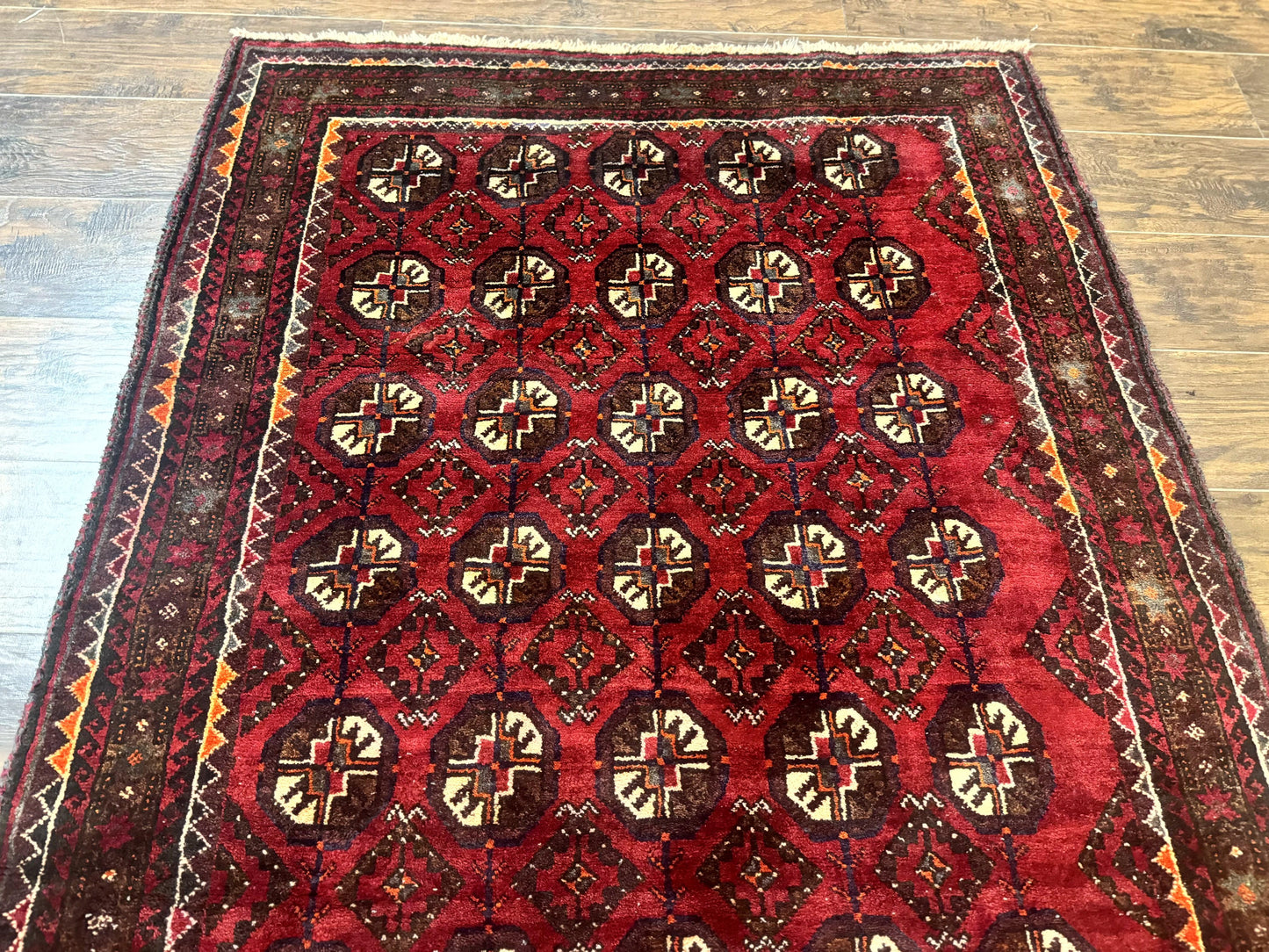 Persian Turkoman Tribal Rug 4x8, Handmade Vintage Wool Carpet, Red, Bohemian Rug - Nuvé