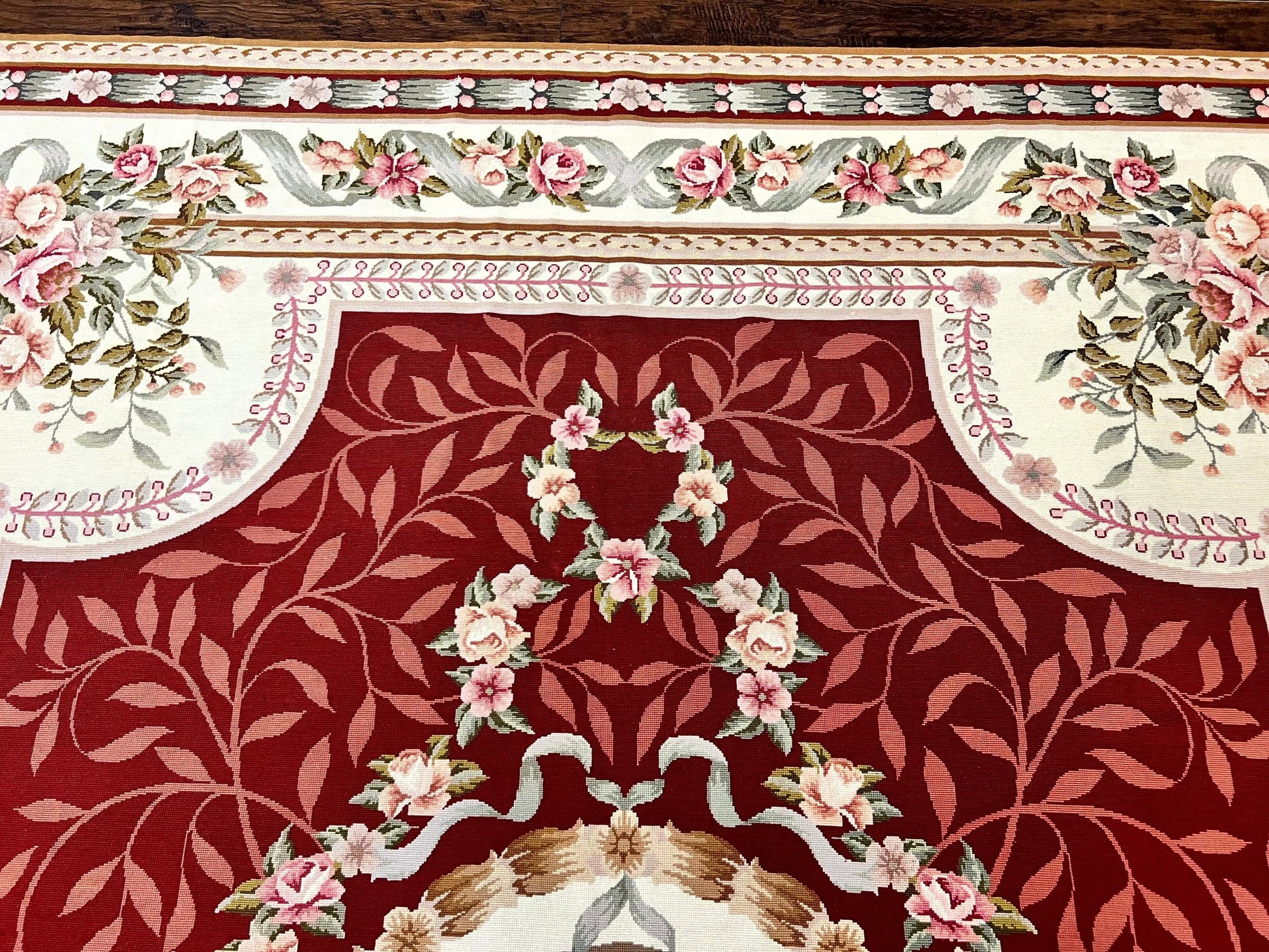 Wonderful Aubusson Rug 9x12, Handmade Vintage Needlepoint Carpet, Red and Ivory, Elegant European Design, Wool - Nuvé