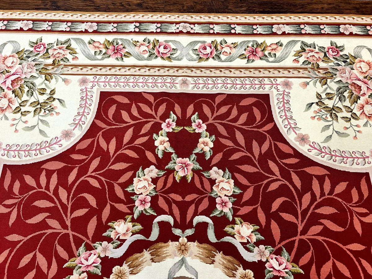 Wonderful Aubusson Rug 9x12, Handmade Vintage Needlepoint Carpet, Red and Ivory, Elegant European Design, Wool
