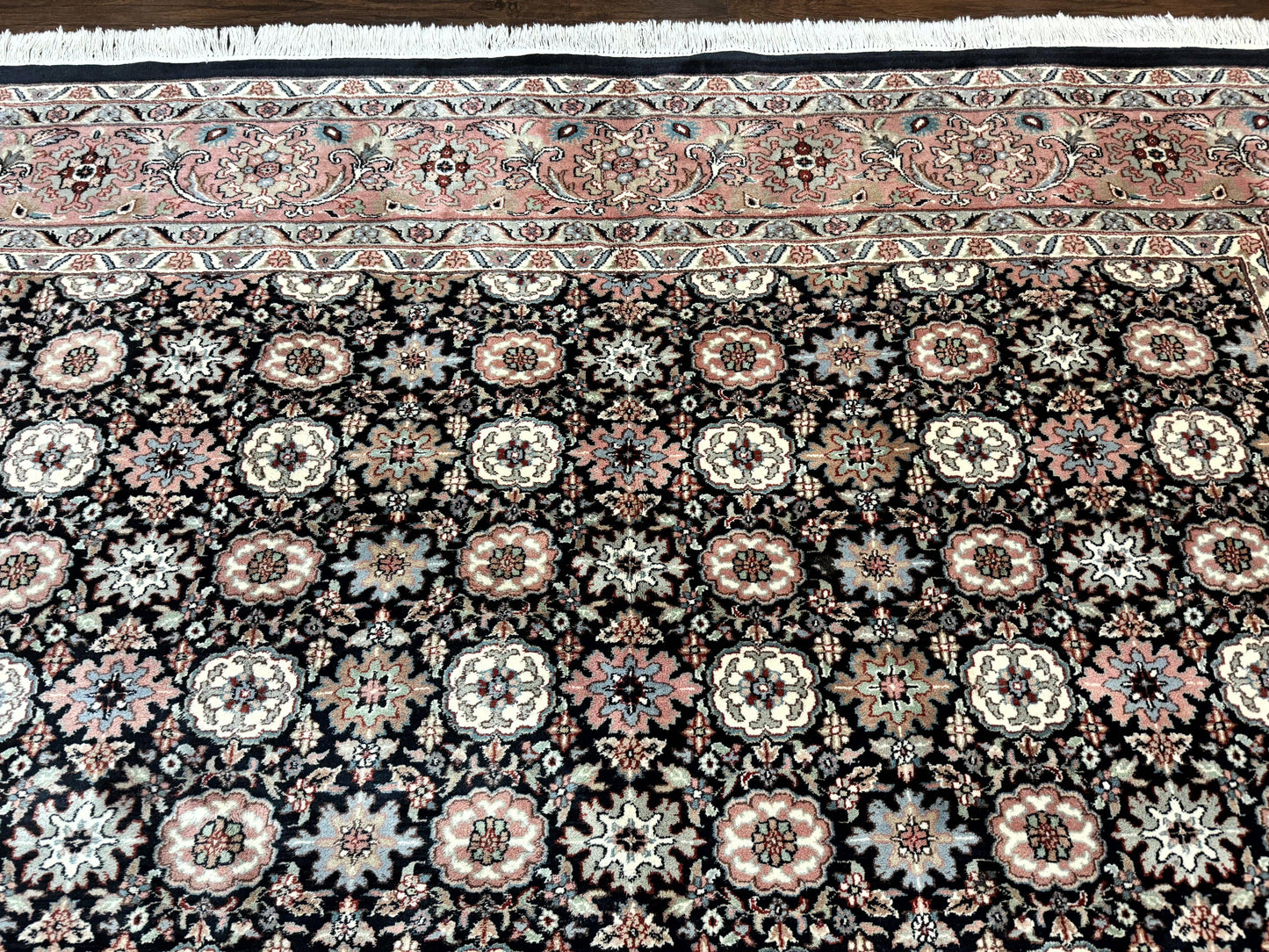 Indo Persian Rug 9x12, Vintage Handmade Wool Carpet, Repeated Allover Motif, Navy Blue and Pink - Nuvé