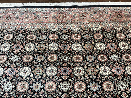 Indo Persian Rug 9x12, Vintage Handmade Wool Carpet, Repeated Allover Motif, Navy Blue and Pink - Nuvé