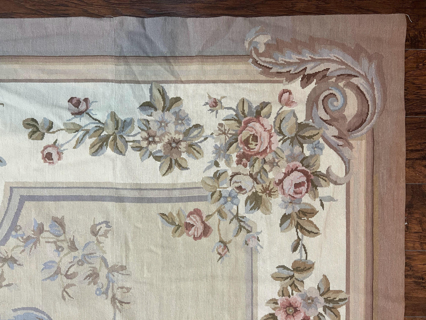 Aubusson Needlepoint Rug 9x12, VIntage Handmade Wool Beige Floral European Elegant Rug 9 x 12, Floral Roses - Nuvé