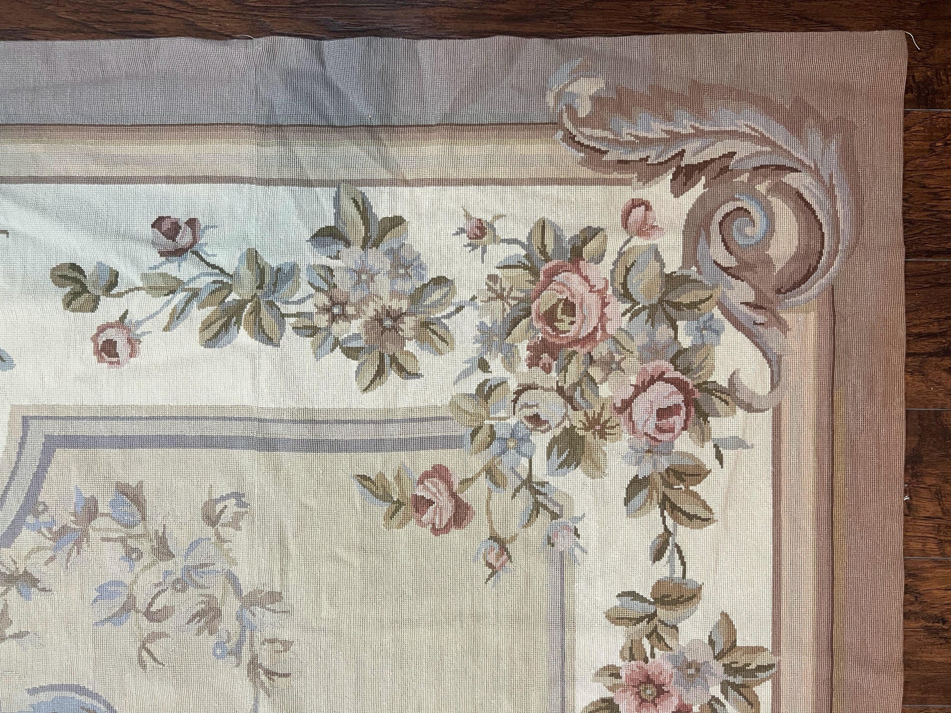 Aubusson Needlepoint Rug 9x12, VIntage Handmade Wool Beige Floral European Elegant Rug 9 x 12, Floral Roses - Nuvé