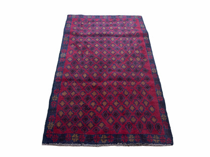 3x5 New Vintage Handmade Tribal Wool Rug Balouch Rug Afghan Rug Red Blue Diamond