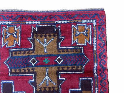 2' 10" X 4' 9" Vintage Handmade Tribal Wool Rug Balouchi Rug Afghan Rug Red Blue