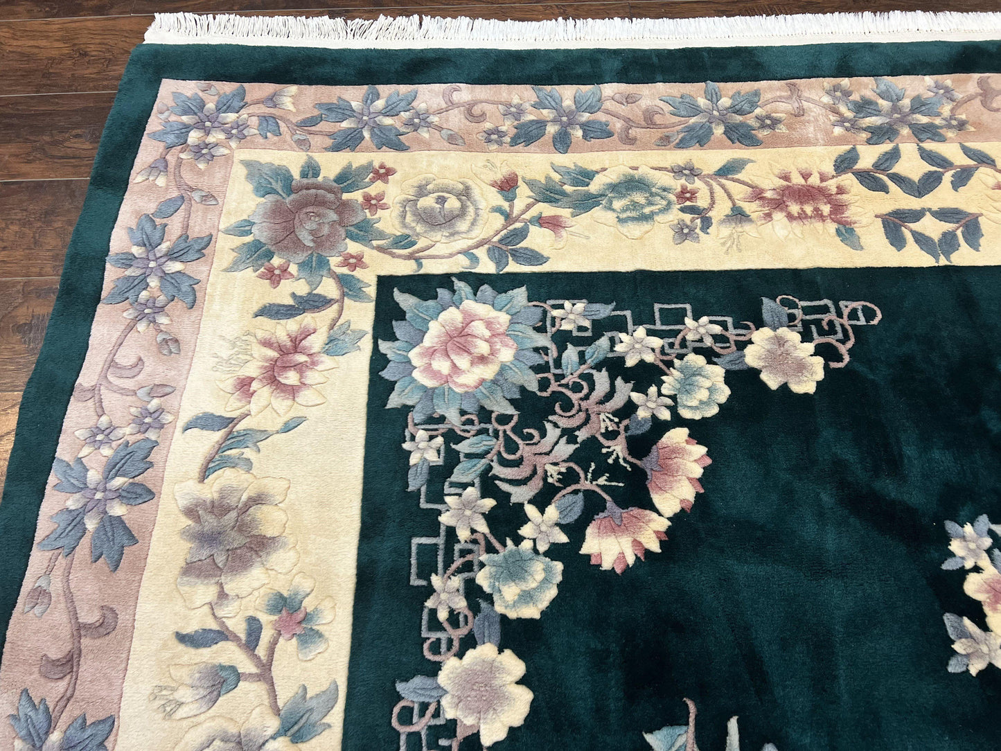 Chinese Art Deco Rug 9x12, Wool Hand Knotted Vintage Carpet, Dark Green & Cream, 90 Line Carving Rug - Nuvé