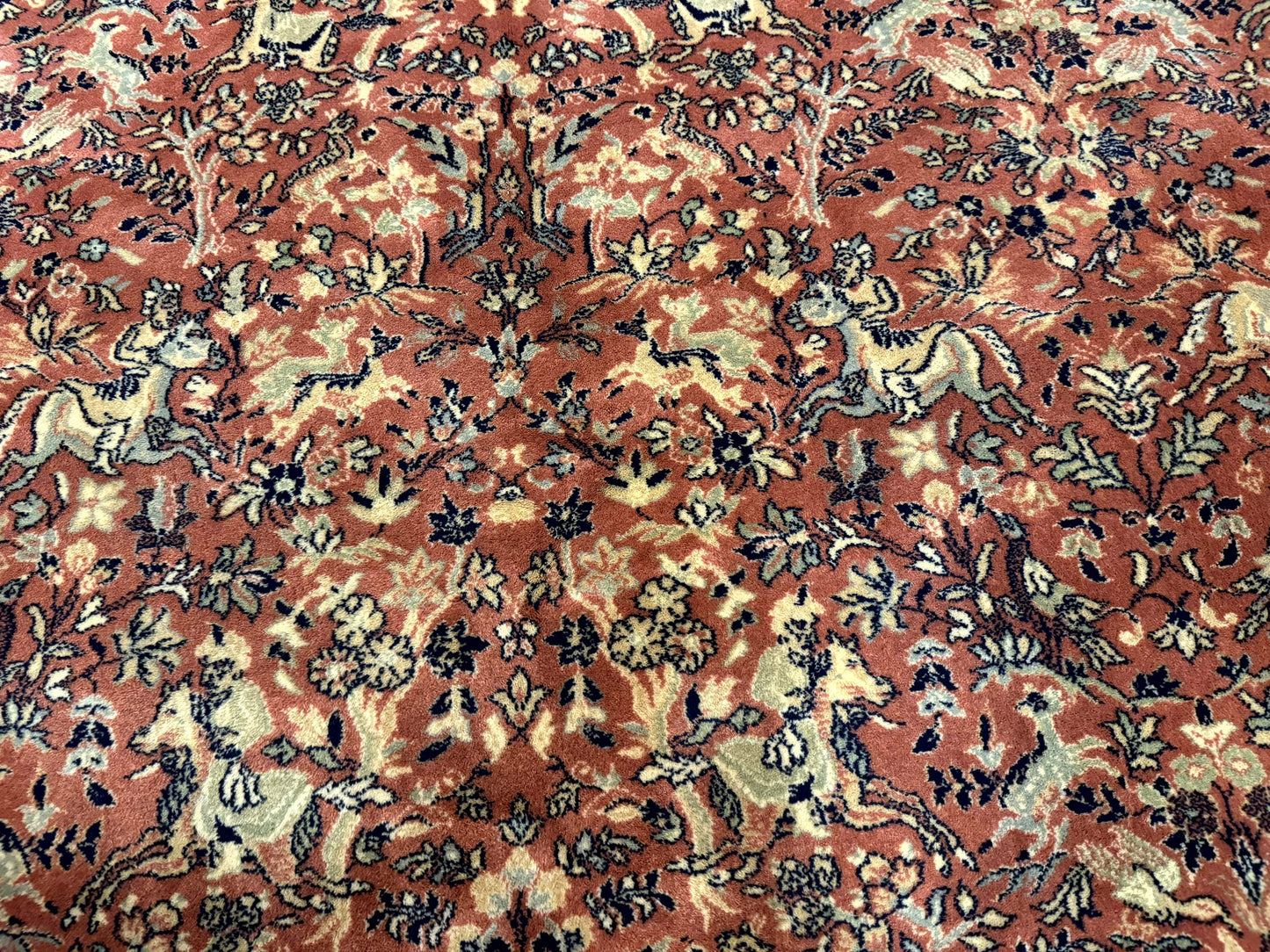 Persian Area Rug 8 x 11.6, Wool, Royal Hunting Scene, Vintage Couristan Rug, Red, Allover Pattern, Belgium Power Loomed - Nuvé