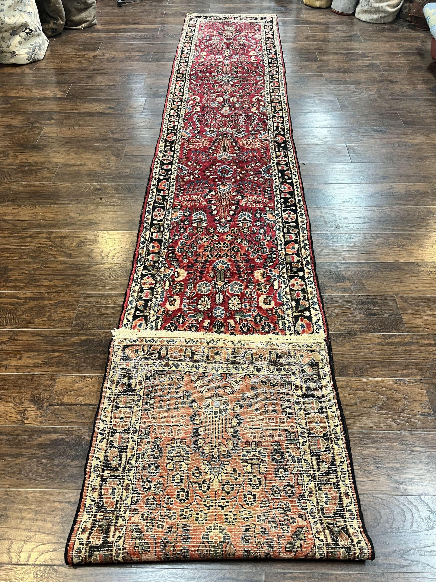 Antique Persian Runner Rug 2.9 x 17, Rare Sarouk Runner, Handmade Wool Rug for Hallway, Red, Floral - Nuvé