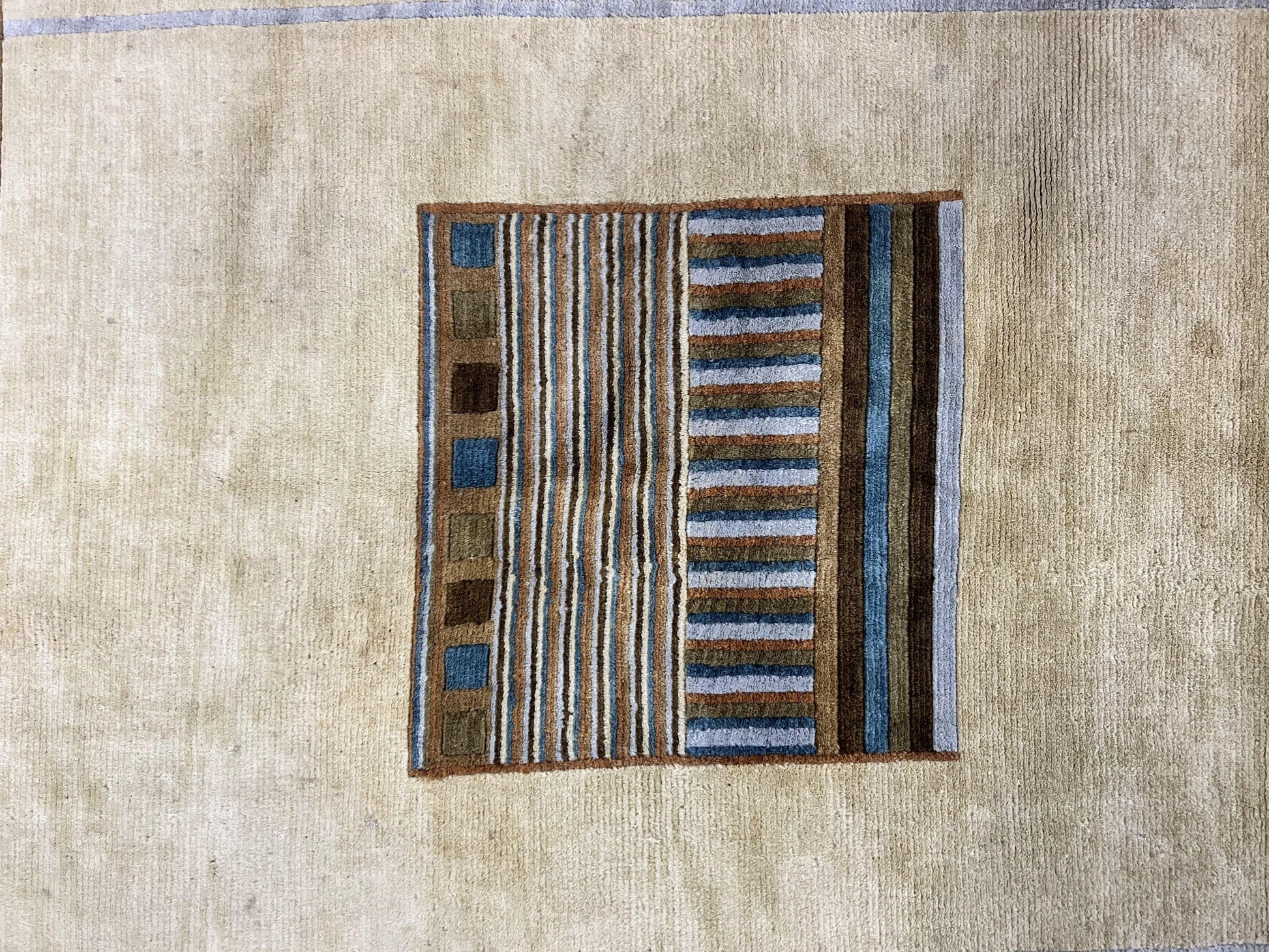 Tibetan Rug 5x8, Contemporary Rug 5 x 8 ft, Cream Brown Blue Hand-Knotted Wool w/ Silk Highlights Tibetan Carpet, Modern Rug - Nuvé
