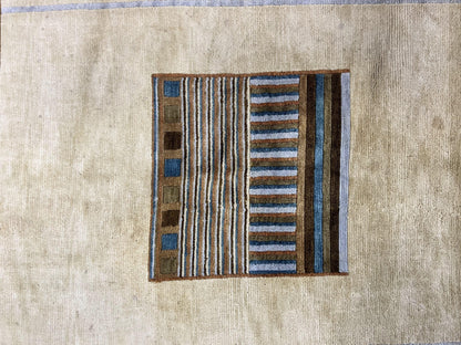 Tibetan Rug 5x8, Contemporary Rug 5 x 8 ft, Cream Brown Blue Hand-Knotted Wool w/ Silk Highlights Tibetan Carpet, Modern Rug - Nuvé