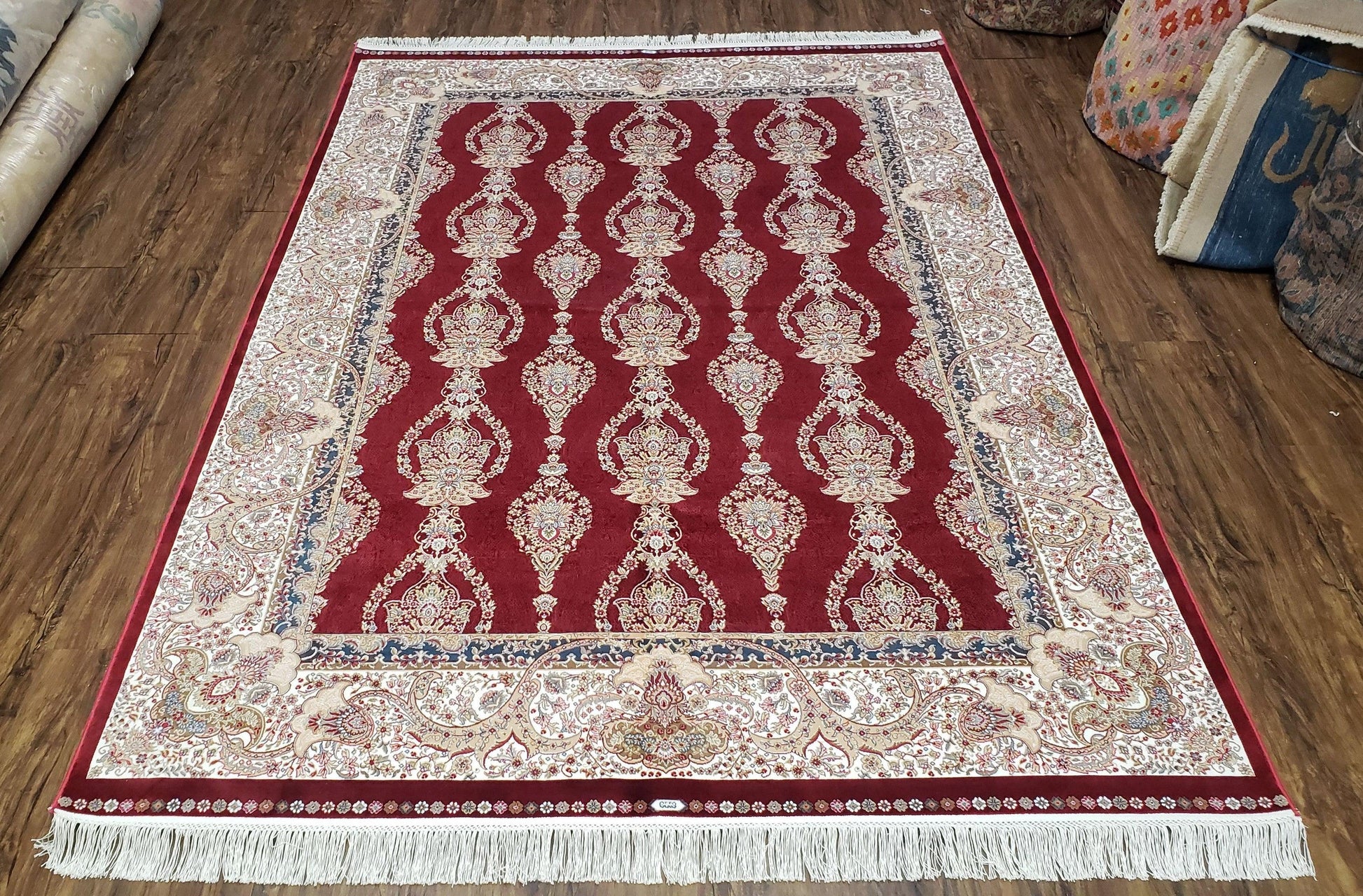Dark Red Silk Carpet 5.3 x 7.6 ft, 5x8 Silk Rug, New Turkish Silk Carpet, Mint Condition, Beige & Red Area Rug, Bamboo Silk, High Quality - Nuvé