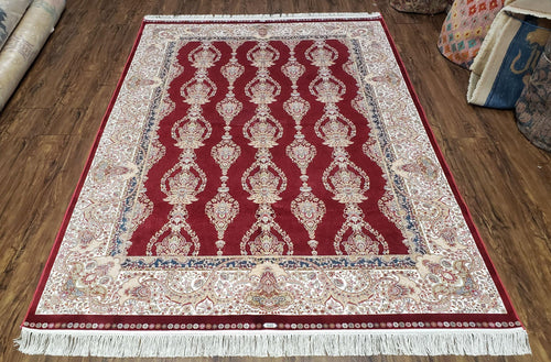 Dark Red Silk Carpet 5.3 x 7.6 ft, 5x8 Silk Rug, New Turkish Silk Carpet, Mint Condition, Beige & Red Area Rug, Bamboo Silk, High Quality - Nuvé