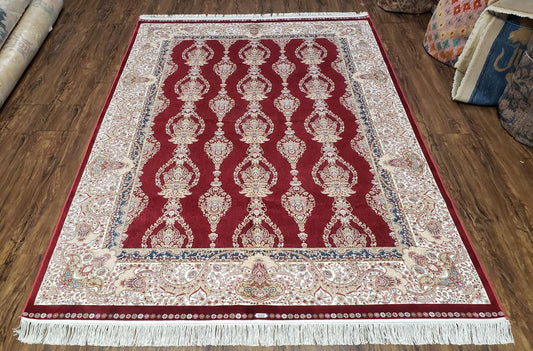 Dark Red Silk Carpet 5.3 x 7.6 ft, 5x8 Silk Rug, New Turkish Silk Carpet, Mint Condition, Beige & Red Area Rug, Bamboo Silk, High Quality - Nuvé