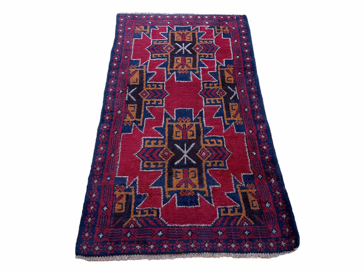 2' 8" X 4' 6" Vintage Handmade Tribal Wool Rug Balouchi Rug Afghan Rug Red Blue