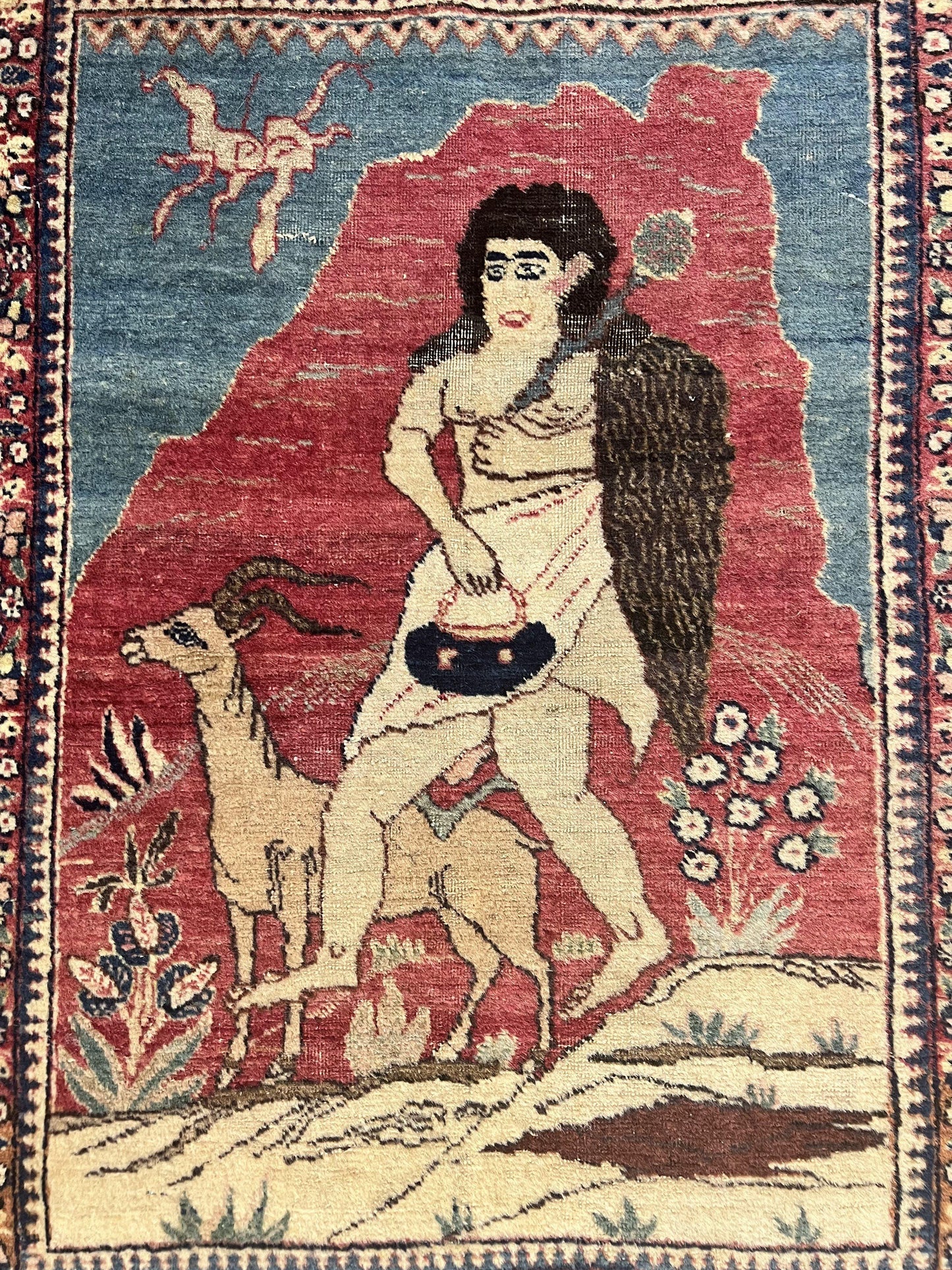 Antique Persian Kirman Rug 2 x 2.5, Small Hand Knotted Wool Carpet, Lavar Rug, Shepherd with Ram Pictorial Rug #1 - Nuvé