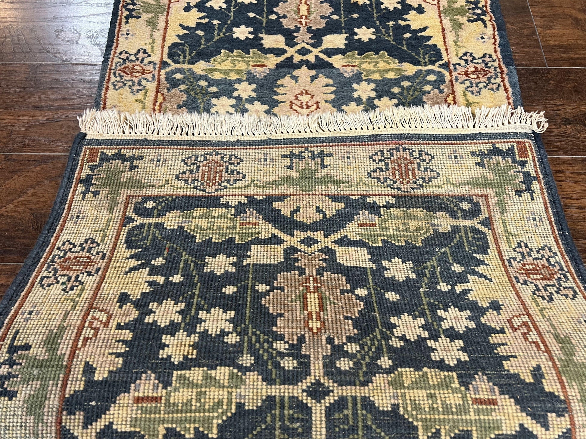 Indian Runner Rug 2.6 x 12, Navy Blue Beige Oriental Runner Rug 12ft Long, Narrow Hallway Runner, Wool Hand Knotted Indo Persian Mahal Rug - Nuvé