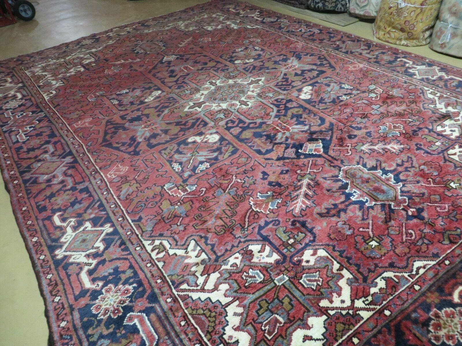 Persian Rug 8x11 Room Sized Heriz Carpet, Hand Knotted Wool Rug, Vintage Semi Antique, Geometric Medallion, Wine Red Cream Dark Blue, Wow - Nuvé