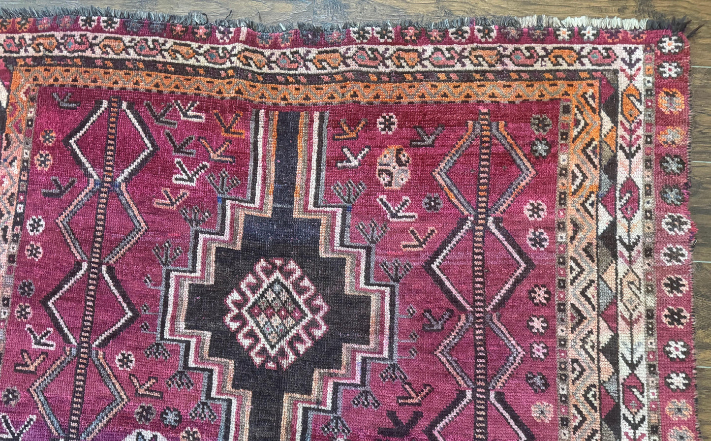 Persian Tribal Shiraz Rug 5x8, Geometric, Raspberry Red and Charcoal, Antique Persian Carpet - Nuvé