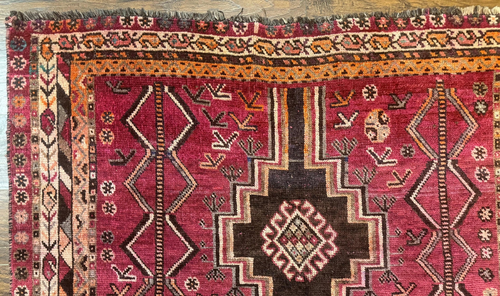 Persian Tribal Shiraz Rug 5x8, Geometric, Raspberry Red and Charcoal, Antique Persian Carpet - Nuvé
