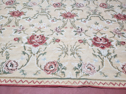 Needlepoint Rug 10x14 Wool Flatweave Carpet, English Floral Pattern, Pale Yellow, Roses, Allover Pattern, Handmade Large Needlepoint Nice - Nuvé