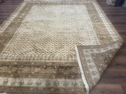 Beige handmade wool Indo Persian rug with allover pattern, 8x10 size, crafted by Jewel Rugs.