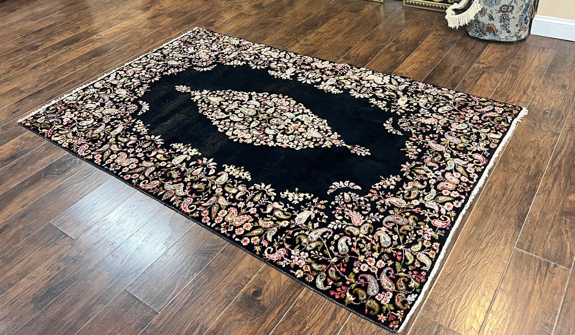 Antique Persian Kirman Rug 5x8, Floral Kirman, Midnight Blue/Black, Semi Open Field, Handmade Vintage Wool Carpet - Nuvé