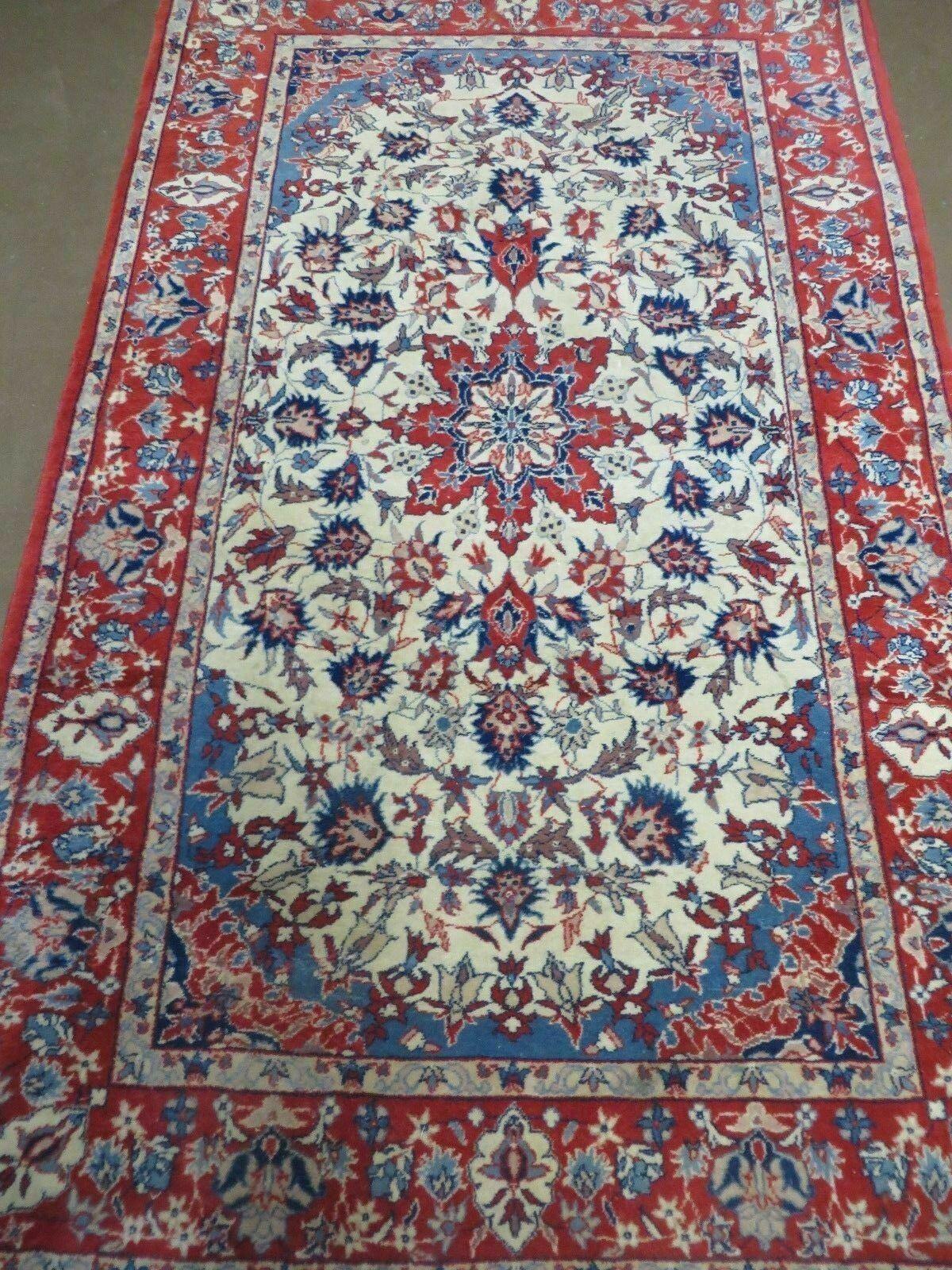 3' X 5' Vintage Handmade Authentic Oriental Floral Medallion Fine Wool Rug Beige Red and Blue Top Quality Veg Dyes - Nuvé