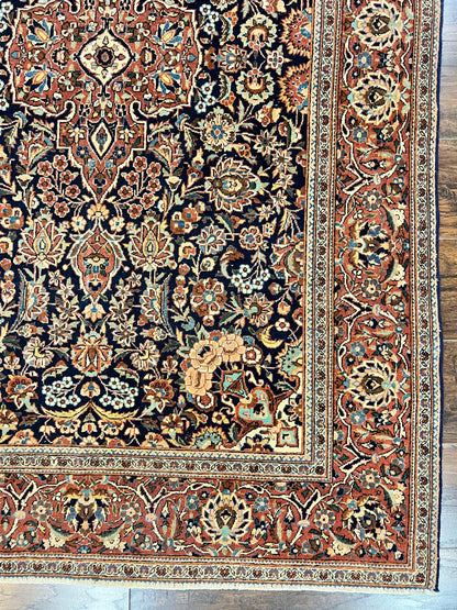 Persian Kashan Rug 4x7, Floral Medallion Vintage Handmade Hand Knotted Navy Blue & Red Wool Oriental Carpet, Highly Detailed Semi Antique Rug - Nuvé