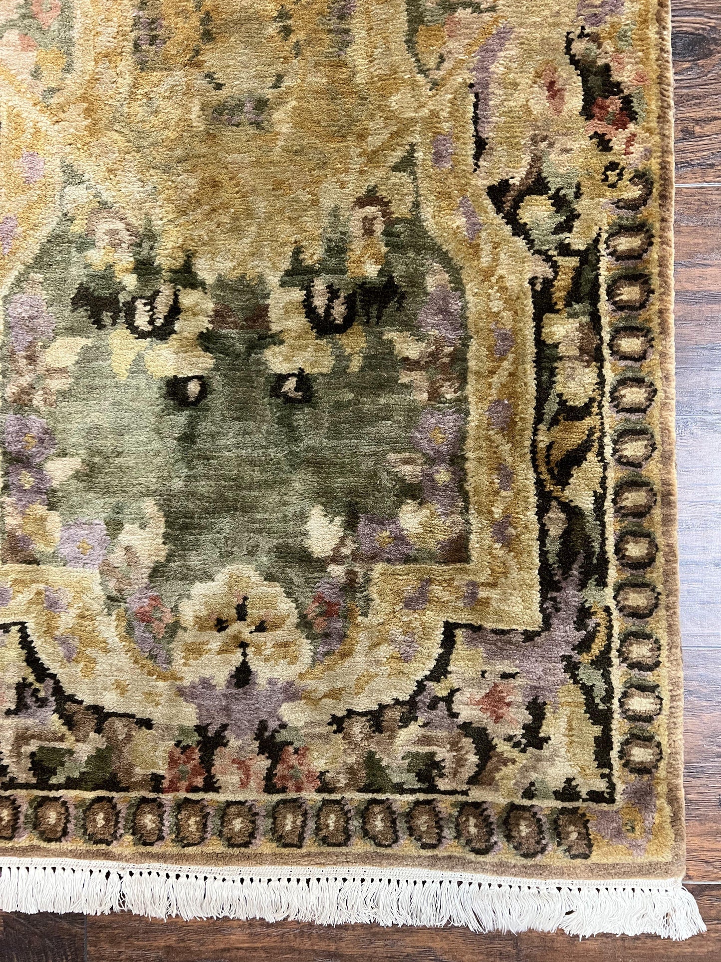 Tibetan Runner Rug 2.6 x 10, French Aubusson Pattern, Gold Olive Green, Vintage Handmade European Design, Wool Hallway Rug - Nuvé
