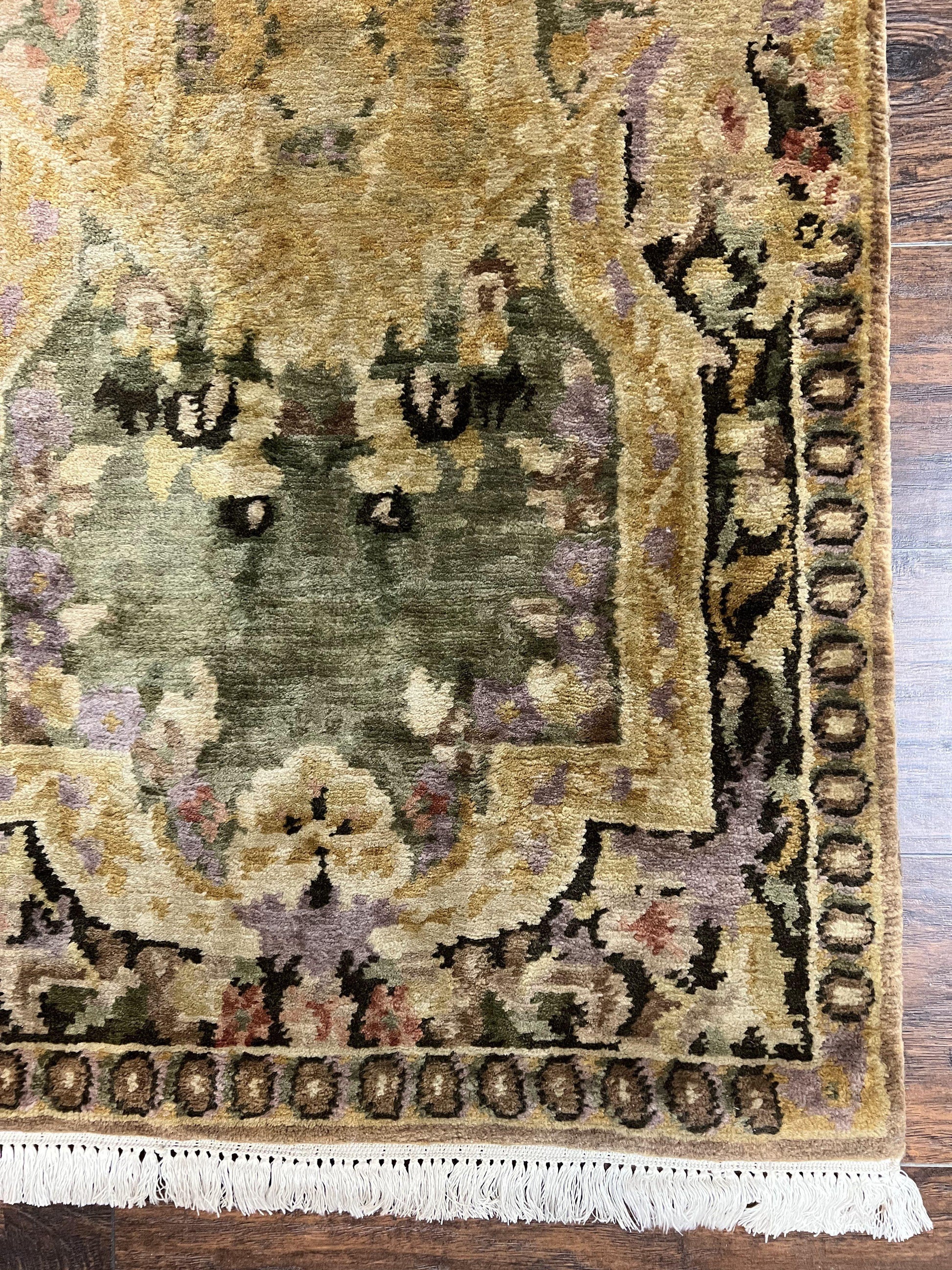 Tibetan Runner Rug 2.6 x 10, French Aubusson Pattern, Gold Olive Green, Vintage Handmade European Design, Wool Hallway Rug - Nuvé