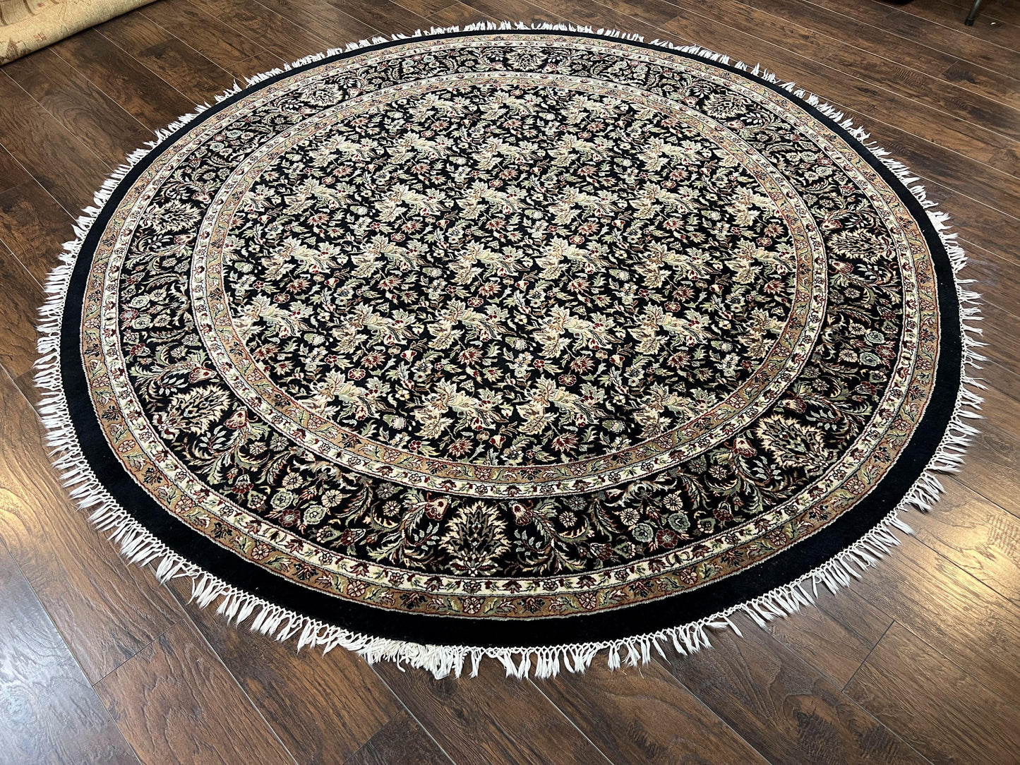 Round Oriental Rug 8x8 ft, William Morris Floral Pattern Carpet, 8 x 8 ft Round Rug, Black Cream and Tan 8ft Round Handmade Indo Persian Rug - Nuvé