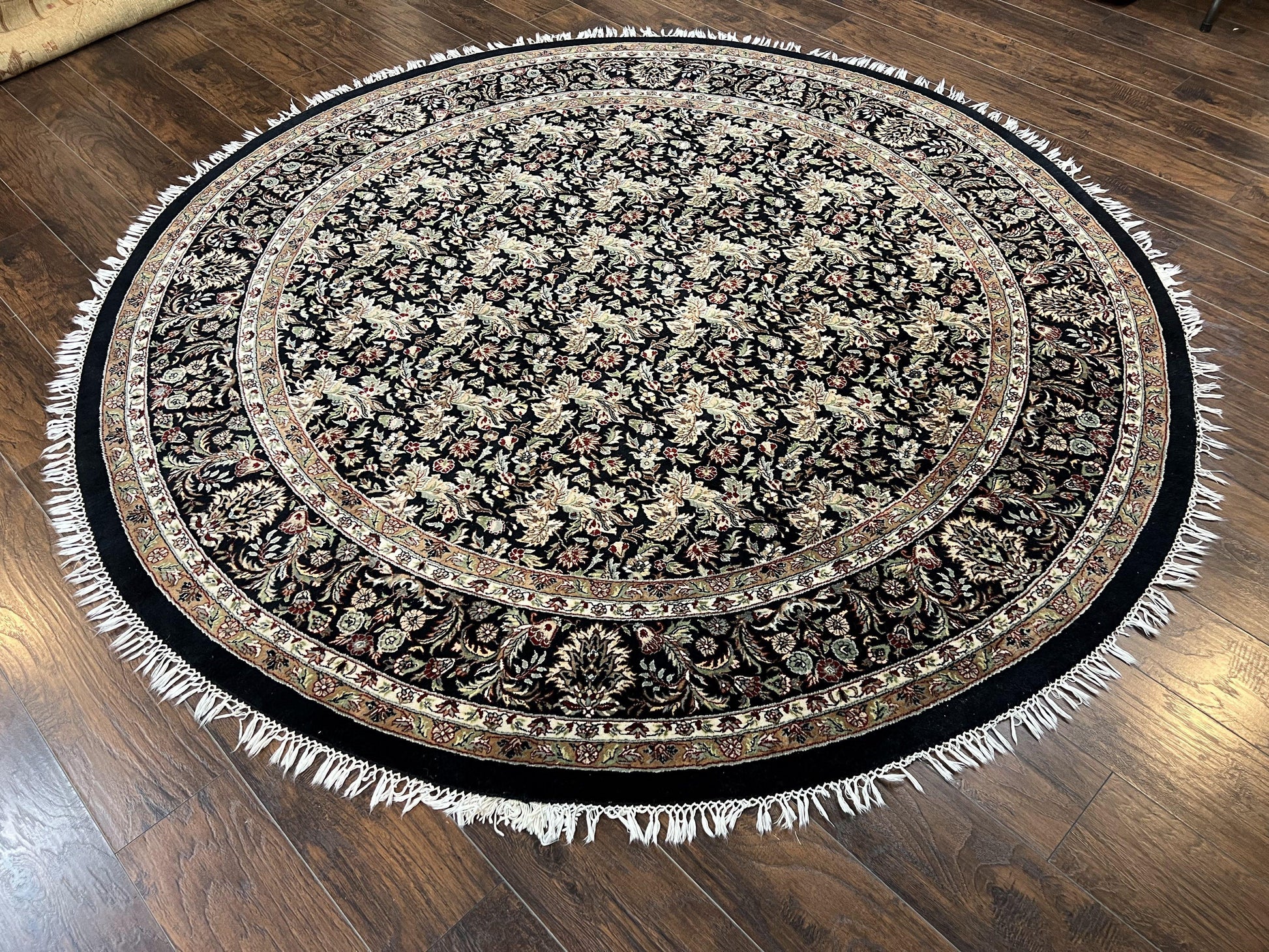 Round Oriental Rug 8x8 ft, William Morris Floral Pattern Carpet, 8 x 8 ft Round Rug, Black Cream and Tan 8ft Round Handmade Indo Persian Rug - Nuvé