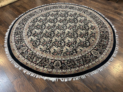 Round Oriental Rug 8x8 ft, William Morris Floral Pattern Carpet, 8 x 8 ft Round Rug, Black Cream and Tan 8ft Round Handmade Indo Persian Rug - Nuvé