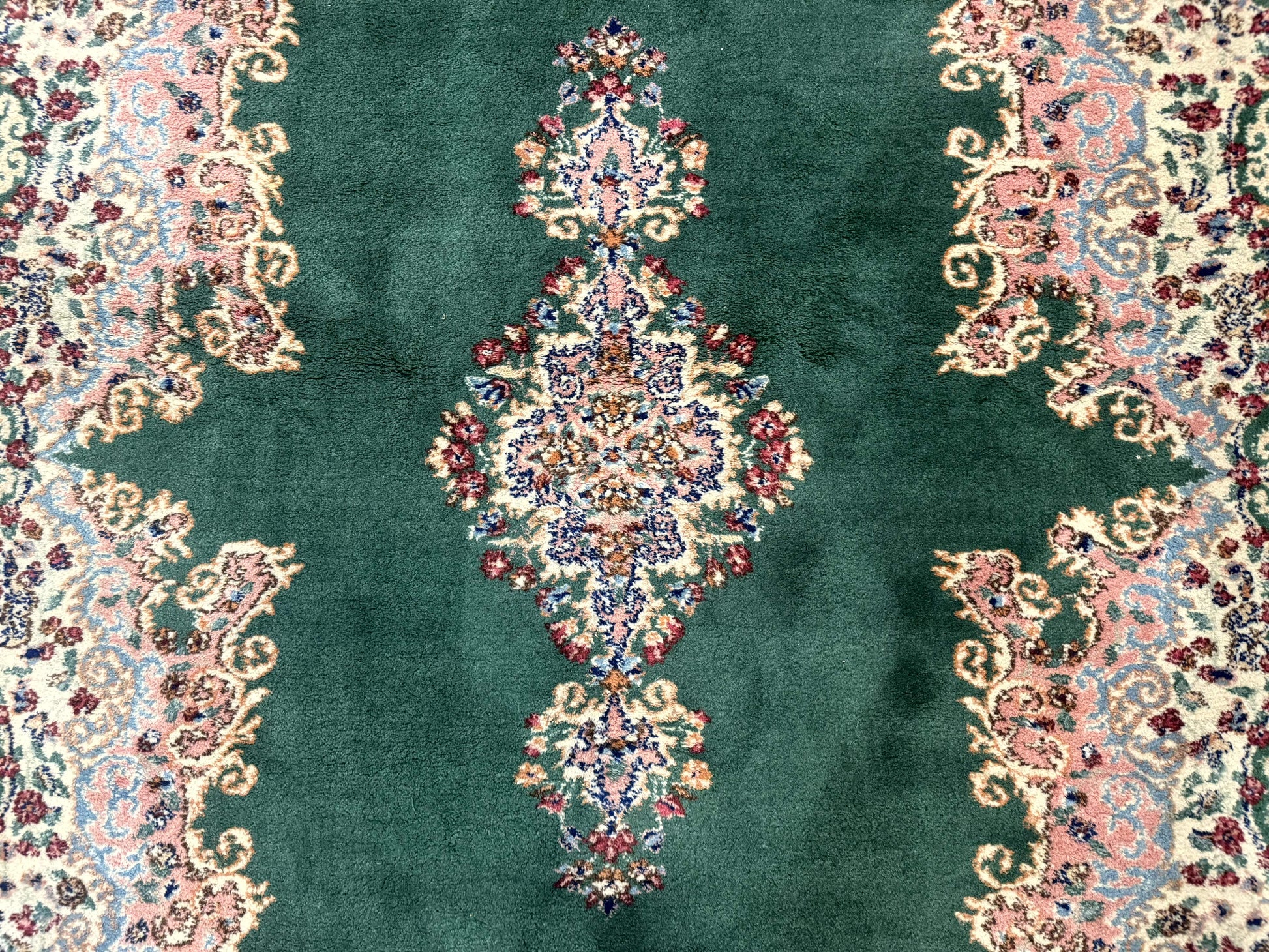 Persian Kerman Rug 4x6, Green Ivory Pink, Wool Vintage, Semi Open Field - Nuvé