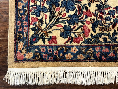 Square Persian Kerman Rug 4x4, Ivory Blue Pink, Handmade, Fine 225 KPSI - Nuvé