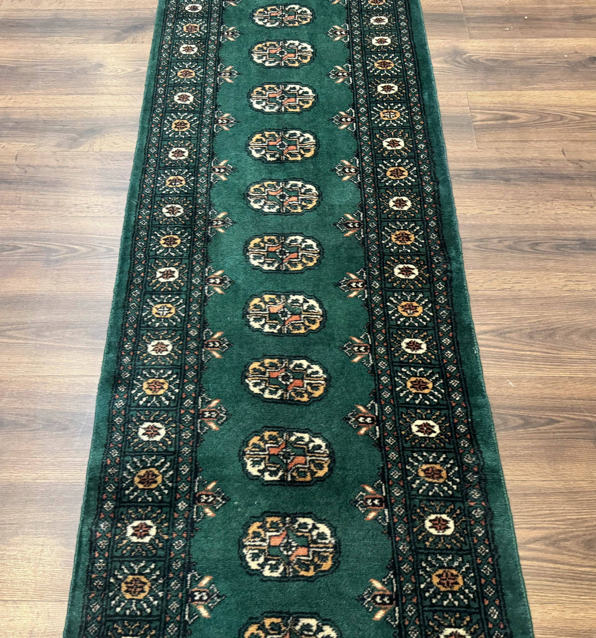 Pakistani Bokhara Runner Rug 2.5 x 11, Green Turkoman Wool Runner for Hallway - Nuvé