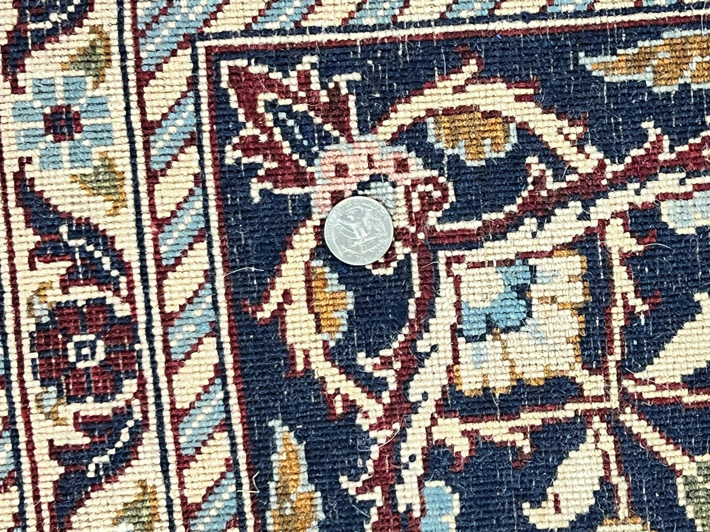 Indo Persian Sarouk Rug 9x12, Floral Allover, Dark Red & Navy Blue, Handmade Vintage Wool Carpet - Nuvé