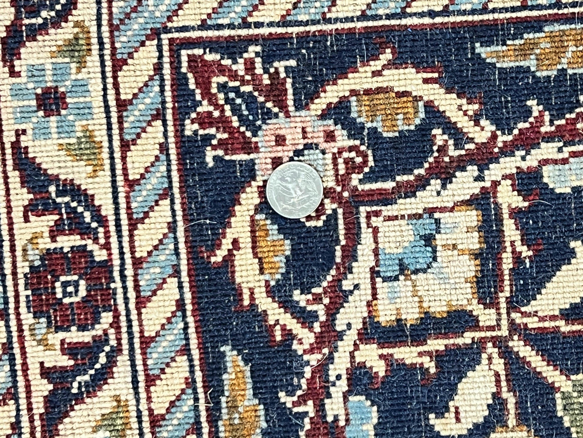Indo Persian Sarouk Rug 9x12, Floral Allover, Dark Red & Navy Blue, Handmade Vintage Wool Carpet - Nuvé