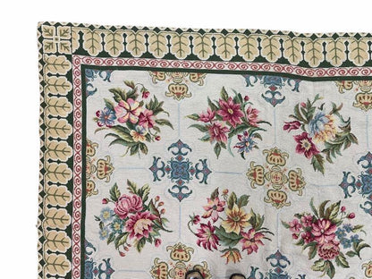 Hand-Knotted Needlepoint Carpet 6x9, Ivory/Cream Background, Colorful Flowers, Yellow Border, Aubusson Rug 6 x 9, New, Handmade - Nuvé